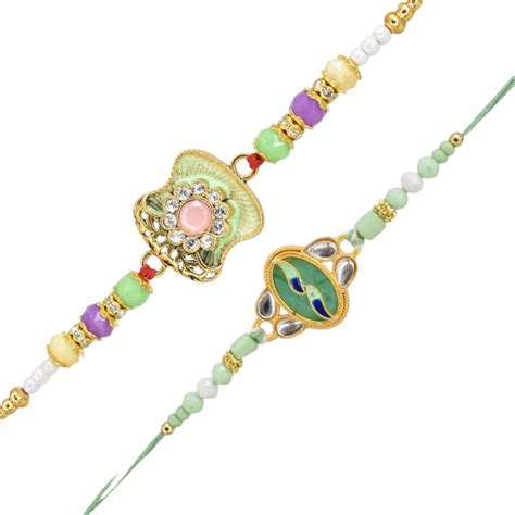 Meira Jewellery Combo Set of 2 Rakhi Peacock Style Green Flower ...