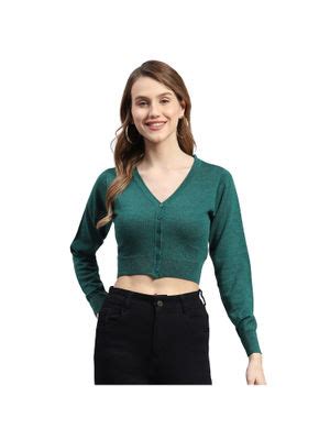 Buy Monte Carlo Green Solid V-Neck Full Sleeves Cardigan Online