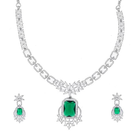 Sparkling Essentials Gleaming Emerald American Diamond Necklace Set ...