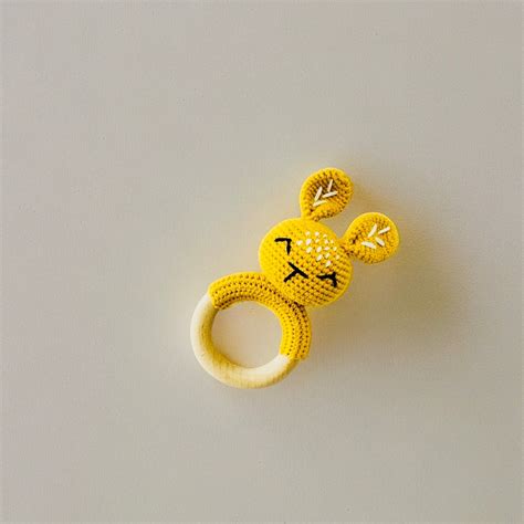 Crochet Bunny Rattle Wooden Teether (Mustard/Yellow) – Coos and Kisses