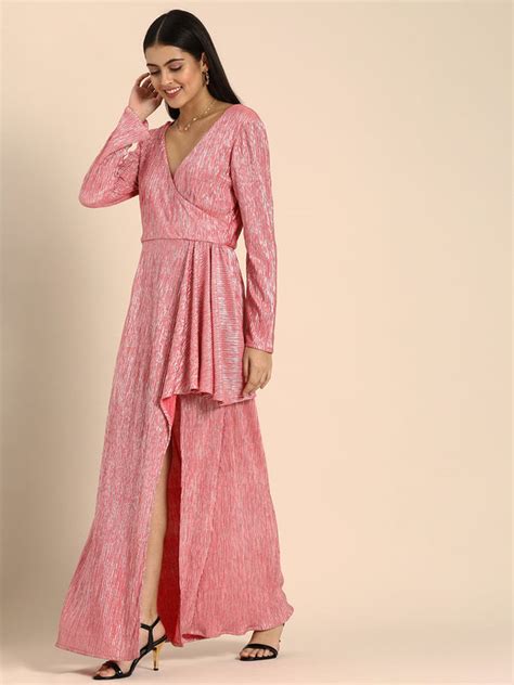 Pink Metallic Pleated Gown with Slit and Draped Detail – Dodo & Moa ...