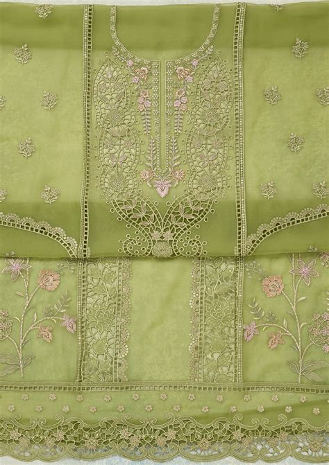 Buy Green Threadwork Tissue Unstitched Salwar Suit - Koskii