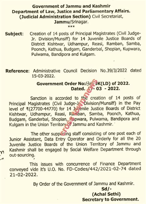 Creation of 14 posts of Principal Magistrates in J&K