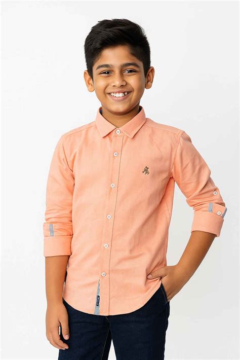 Peach Solid Cotton Shirt With Contrast Cuffs For Boys – Lagorii Kids