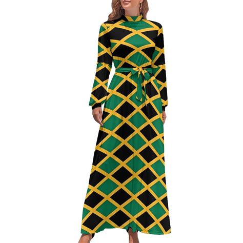 Jamaican Flag Dress Green And Yellow Party Custom Maxi Dress High Neck ...