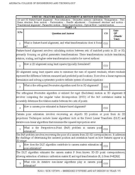 CCS338 QB UNIT 3 - Motion Estimation Techniques in 2D and 3D - Studocu