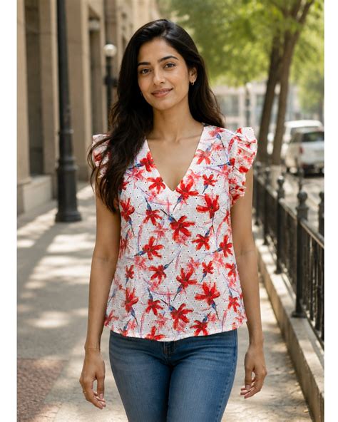 Florette Ruffle Top in Coral Floral - 100% Cotton Schiffli | All Queens ...
