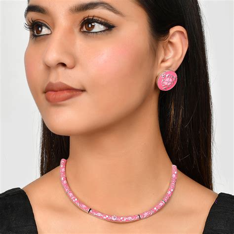 Enameled Elegance Pink Silver Oxidized Necklace Set – VOYLLA