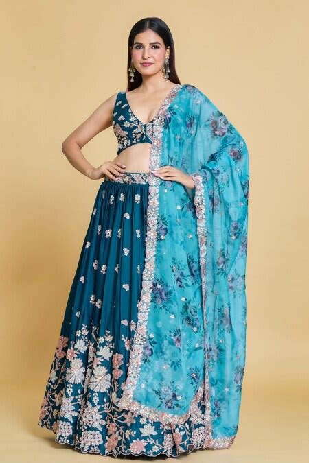 Buy Blue Polyester, Organza Sequins, Zari, Embroidery V-neck Pleated ...