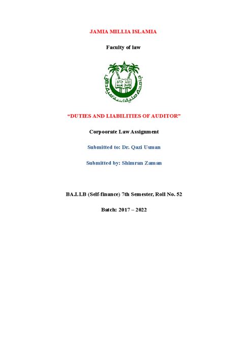 Corporate LAW - Notes - JAMIA MILLIA ISLAMIA Faculty of law “DUTIES AND ...