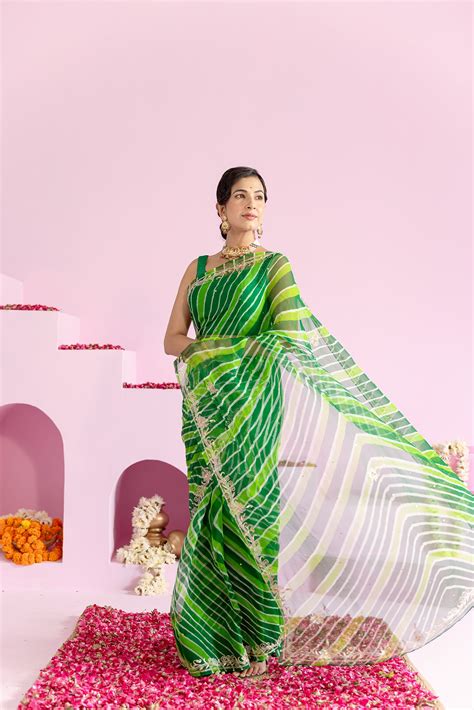 Pure Georgette 20 Gsm Green Leheriya Aari Sequins Border Butti Work Sa