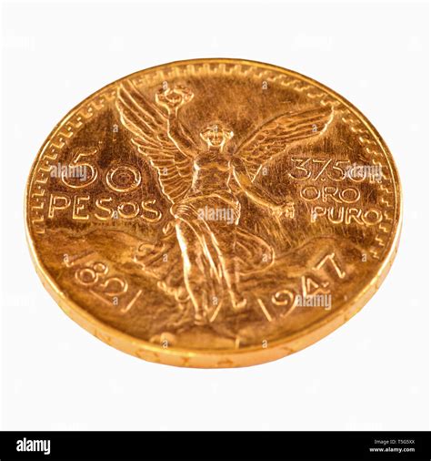 Mexican 50 pesos gold coin - isolated on a white background Stock Photo ...