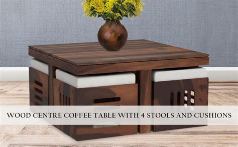 ROUNDHILL Sheesham Wood Center Coffee Table with 4 Stools for Living ...