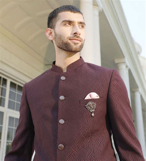 Wine Jacquard Bandhgala – Bonsoir | Elegant Wedding Attire