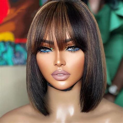 Amazon.com : Thusiae Bob Wig Human Hair with Bangs Glueless 2.5x1 HD ...