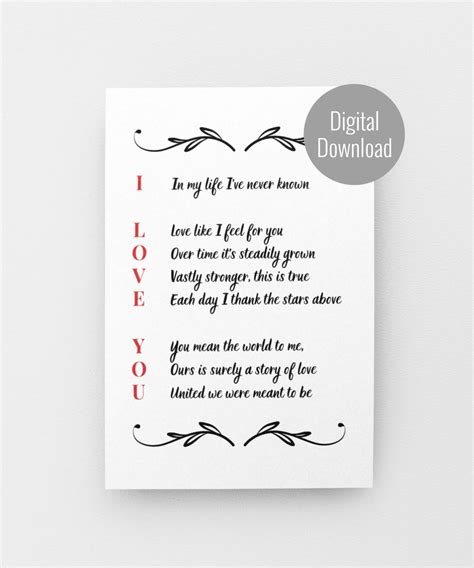 Acrostic I Love You Poem Printable Card, Love Poems for Her and Him, Short Love Poem Cards ...