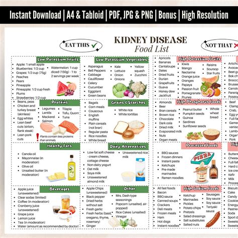 Kidney Food List Printable Digital Poster, Stage 3 Kidney Disease Food List, Kidney Friendly ...