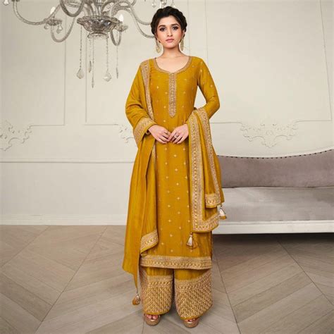 Yellow Party Wear Embroidered Silk Georgette Palazzo Suit