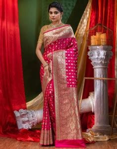 Buy HOUSE OF BEGUM Woven Banarasi Silk Blend Magenta Sarees Online ...