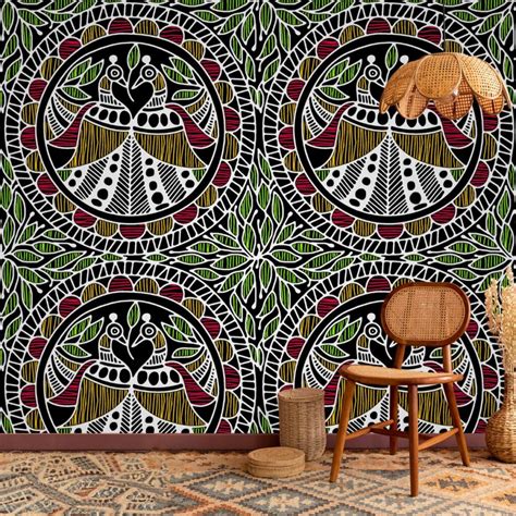Milan, Traditional Birds Madhubani Painting Wall Mural Wallpaper ...