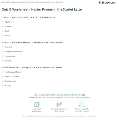 Quiz & Worksheet - Hester Prynne in the Scarlet Letter | Study.com