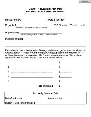 Fillable Online Print Form JUANITA ELEMENTARY PTA REQUEST FOR ...