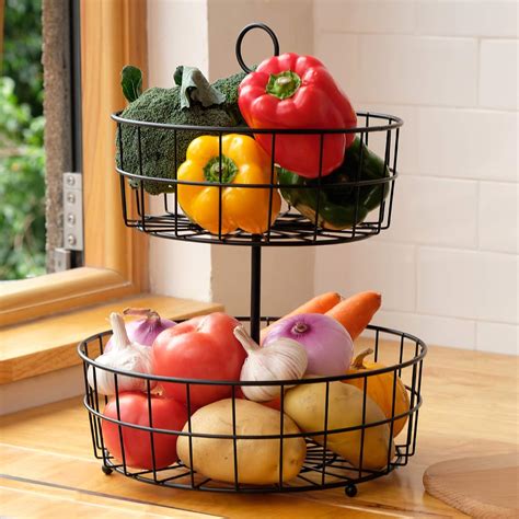 Buy Fruit Basket Stand, 2 Tier Round Fruit Bowl Vegetables Storage ...
