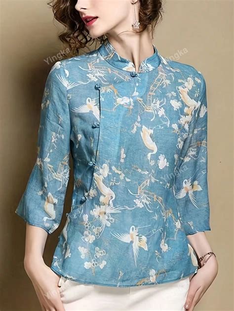 Floral Print Mandarin Collar Blouse | SHEIN USA