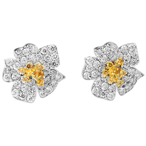 Flower Stud Earrings with Yellow and White Diamonds White Gold ...