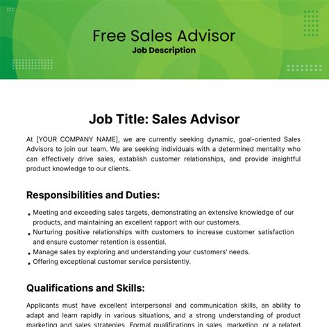 Free Sales Advisor Job Description Template to Edit Online