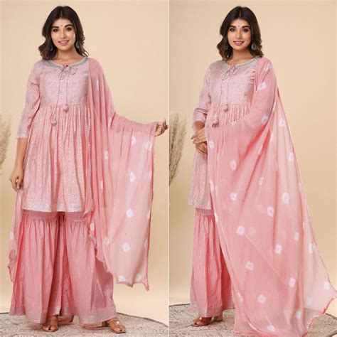 Pink Printed Pure Cotton Sharara Suit