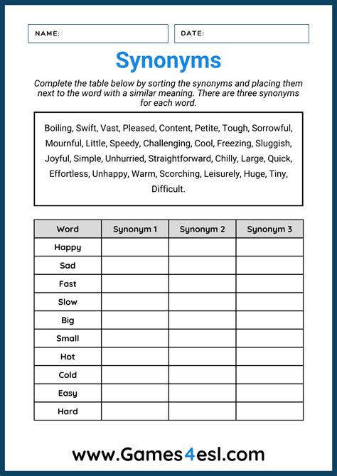 Free Synonym Worksheets | Practice Exercises With Answers | Games4esl