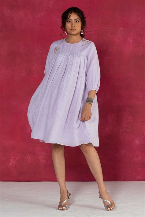 Buy Lilac Linen Embroidered Dress by Journal by Pranay at ScrollnShops