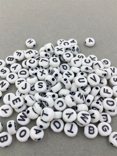 100 X Opaque Vintage White Alphabet Beads With Black Letters, 7mm Bracelet Initial Beads, Small ...