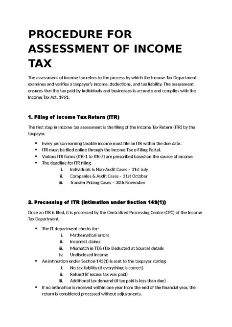 Procedure FOR Assessment OF Income TAX - PROCEDURE FOR ASSESSMENT OF ...
