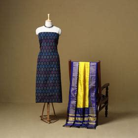 Blue Handloom Sico Pochampally Ikat 2pc Unstitched Dress Material Suit Set