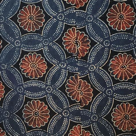 ( PRE-CUT 1.5 METER ) Pure Cotton Ajrak Blue With Red Flower Comb Hand ...