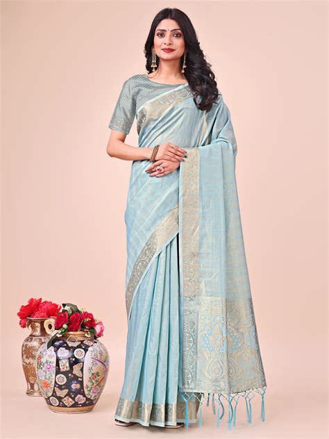 Women's Sky Blue Organza Woven Saree – Trendia