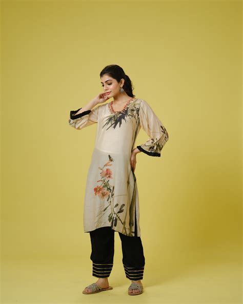 Cream 3/4th Sleeves Cotton Silk Digital Floral Print, Sequin Work Calf ...