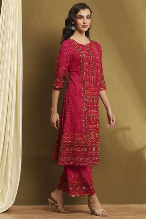 Fuchsia Cotton Printed A-Line Kurta Set at Biba India