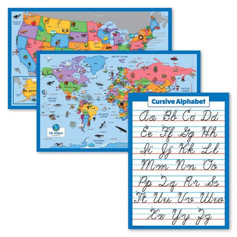 Buy 3 Pack - Illustrated World & USA for Kids + ABC Alphabet Cursive ...
