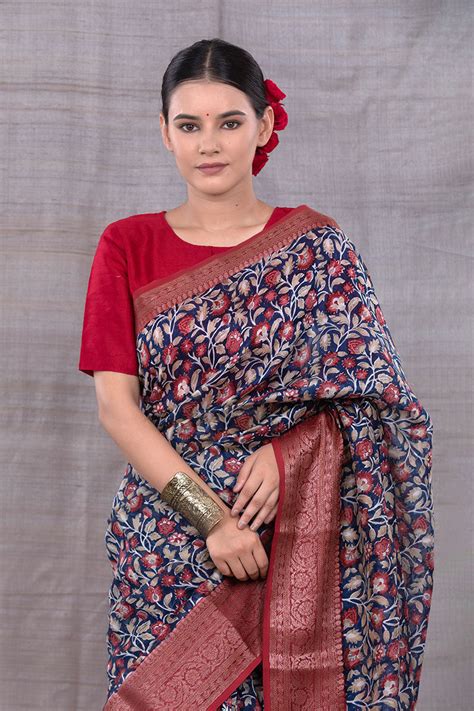 Blue Floral Printed Chanderi Silk Saree – Chinaya Banaras