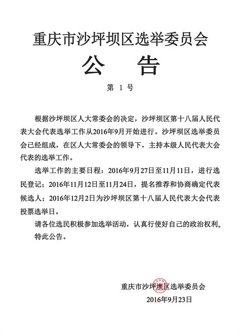 重庆市沙坪坝区选举委员会公告（第1号） - 通知公告简报 - 重庆大学新闻网