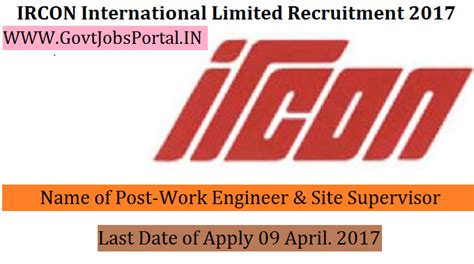 IRCON International Limited Recruitment 2017– Work Engineer & Site ...