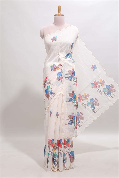 Off white floral design linen cotton saree with scallop border and mat ...