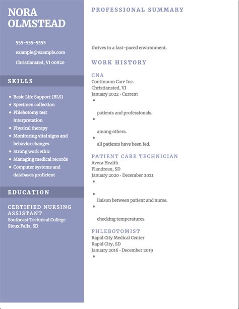 CNA Resume Sample 的图像结果