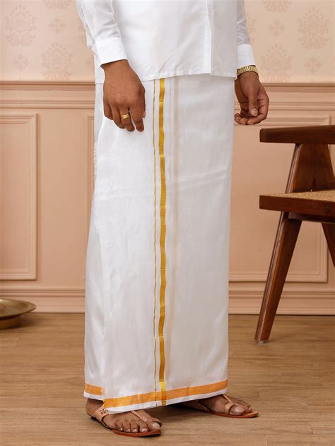 Men Pure Silk White with 1/2" inch Gold Jari Border Double Layer Dhoti ...