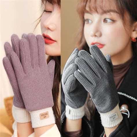 Women Gloves Winter Furry Warm Mitts Full Finger Mittens Outdoor Female ...