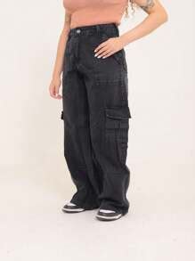 Calça Wide Leg Cargo Jeans | SHEIN Brasil