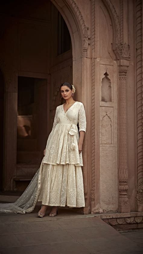 Buy - Off white double layered barfi angrakha with dupatta | Elan Store